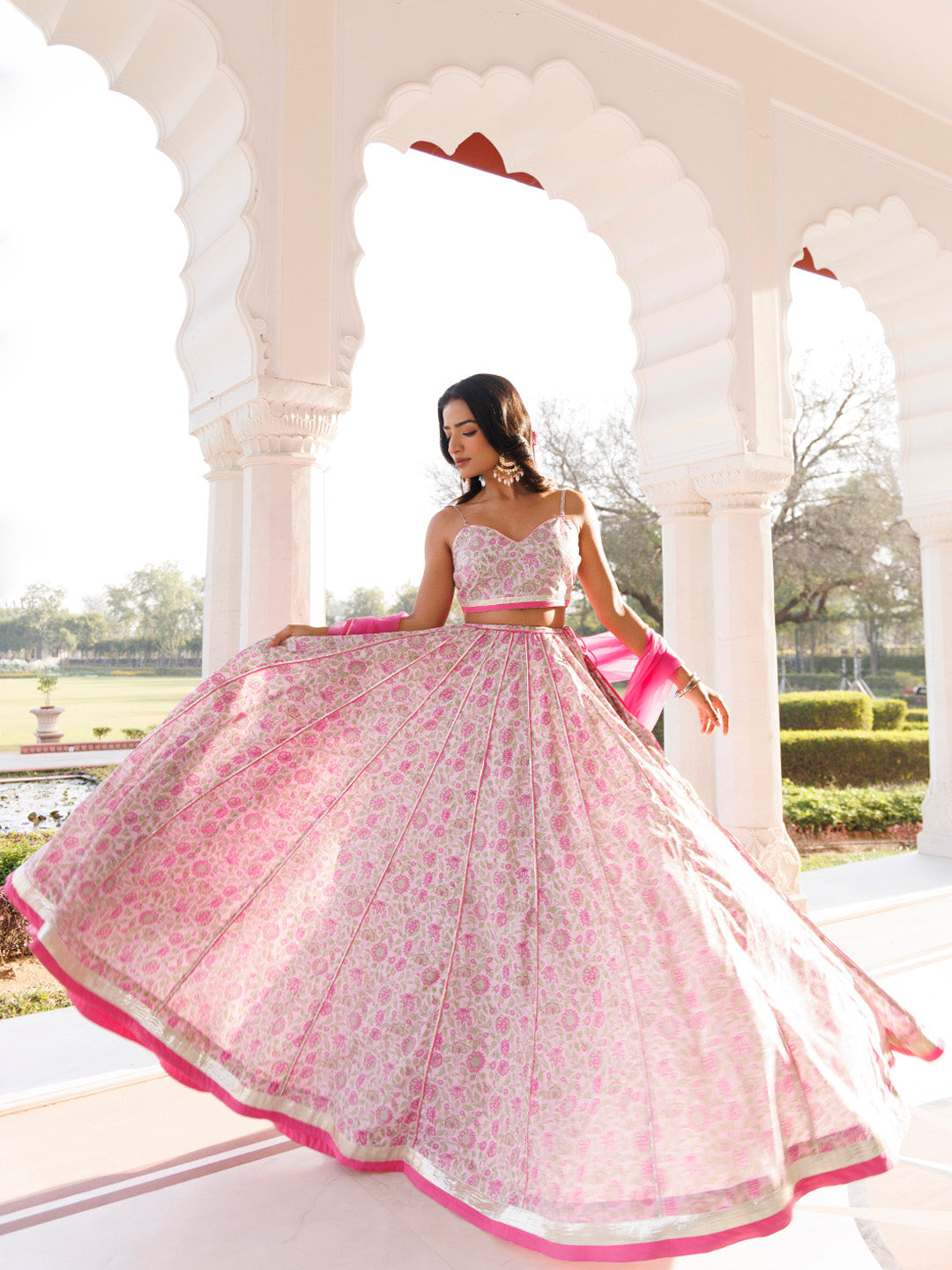 Mauve Chalk Pink Cotton Hand Printed Lehenga Set