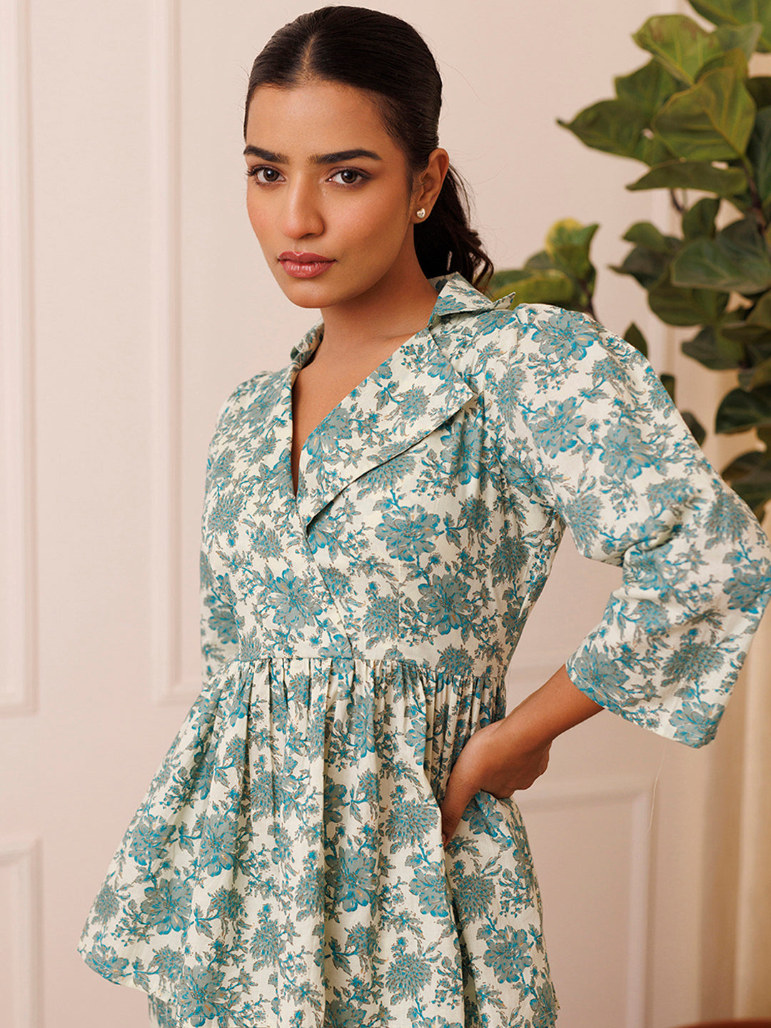 Bear Grass Aqua Blue Cotton Printed Co- Ord Set
