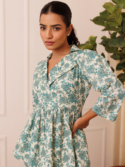 Bear Grass Aqua Blue Cotton Printed Co- Ord Set