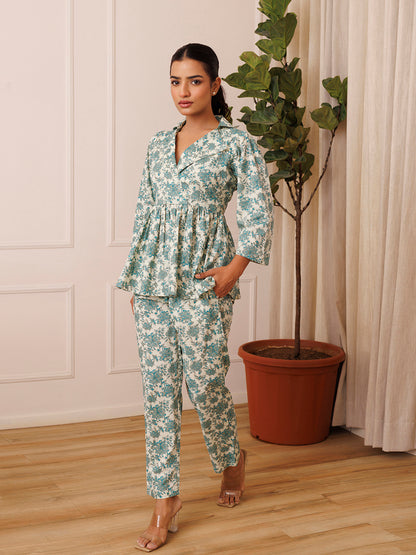 Bear Grass Aqua Blue Cotton Printed Co- Ord Set