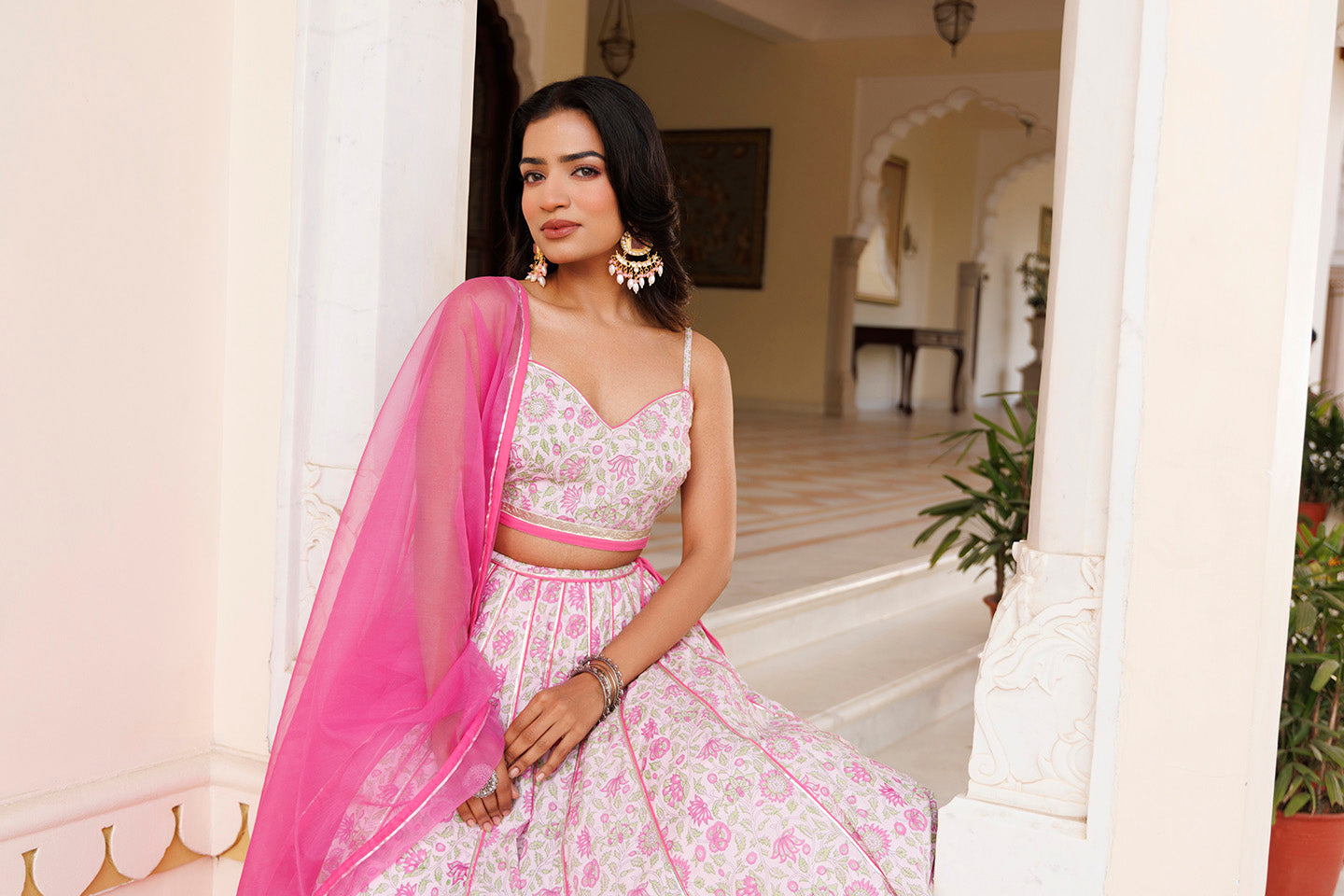 Mauve Chalk Pink Cotton Hand Printed Lehenga Set