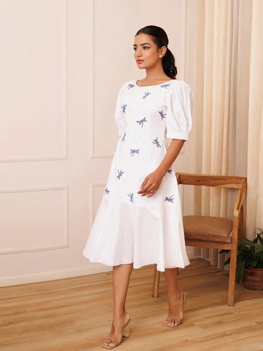 Dragonfly Embroidered Cotton Dress Ragavi