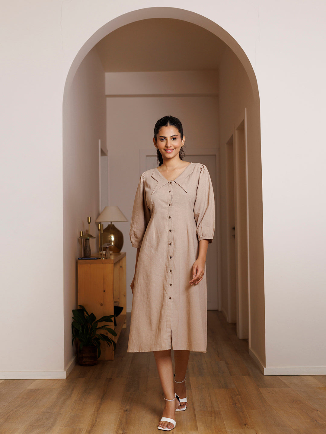 Taupe Linen Midi Dress