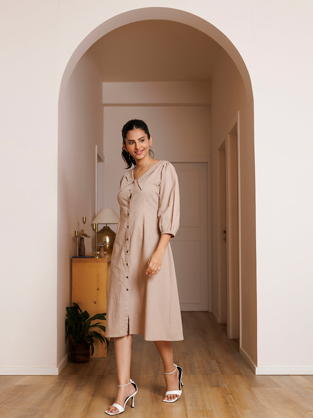 Taupe Linen Midi Dress