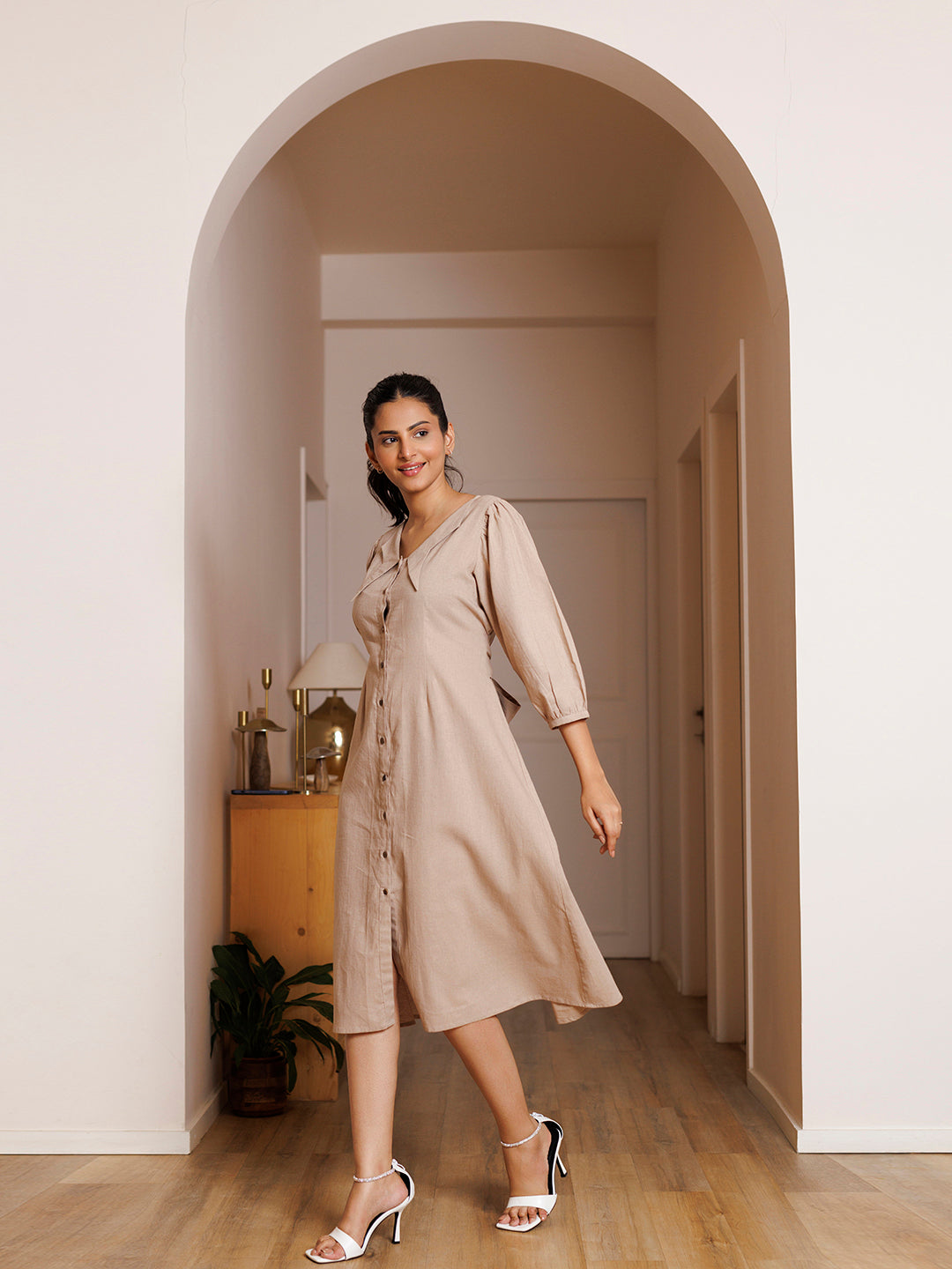 Taupe Linen Midi Dress