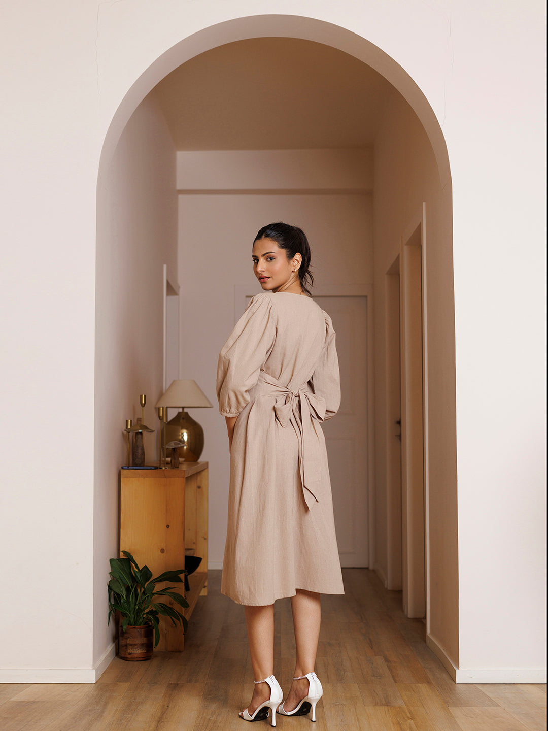 Taupe Linen Midi Dress