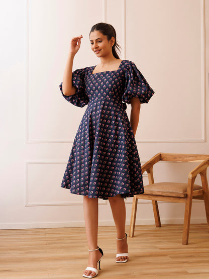 Ocean Pearl Blue Cotton Printed Dress