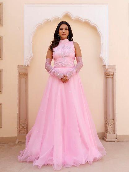 Soft Pink Organza Embroidered Lehenga Set