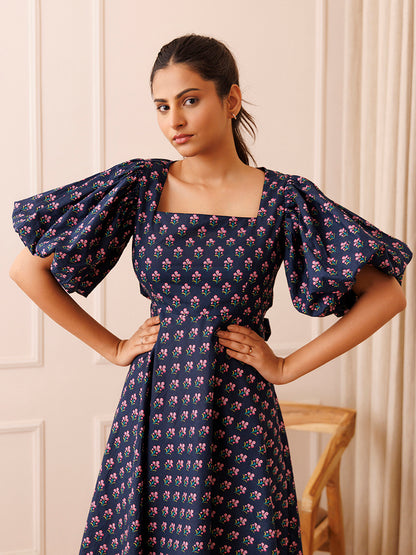 Ocean Pearl Blue Cotton Printed Dress