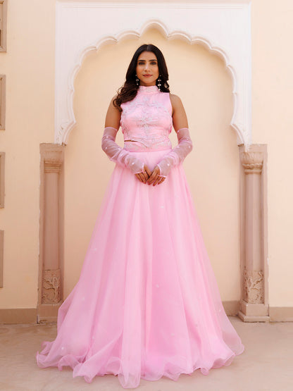 Soft Pink Organza Embroidered Lehenga Set
