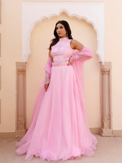 Soft Pink Organza Embroidered Lehenga Set