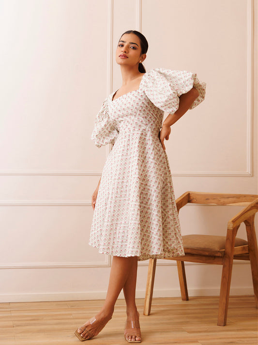 Dahlia White Cotton Printed Dress