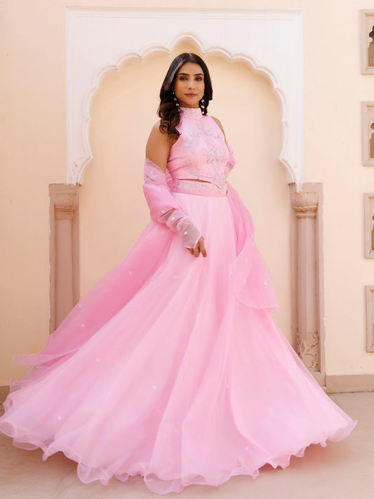 Soft Pink Organza Embroidered Lehenga Set