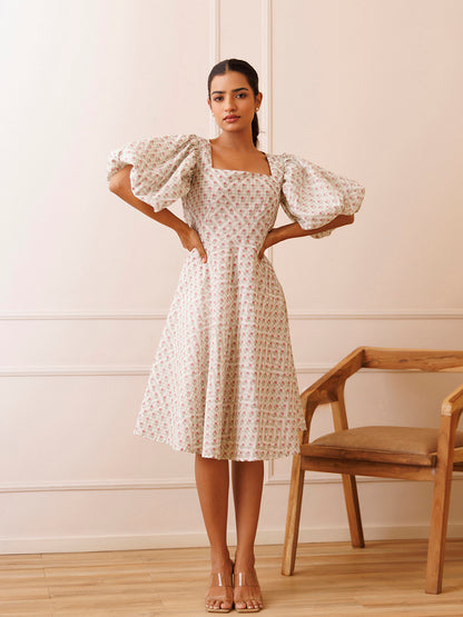Dahlia White Cotton Printed Dress