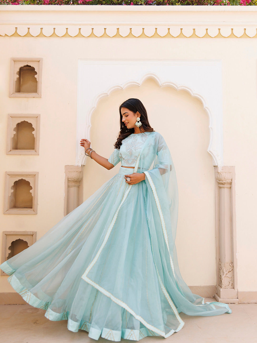 Aqua Blue Bay Organza Lehenga Set