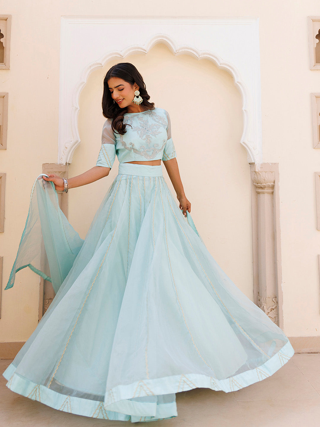 Aqua Blue Bay Organza Lehenga Set