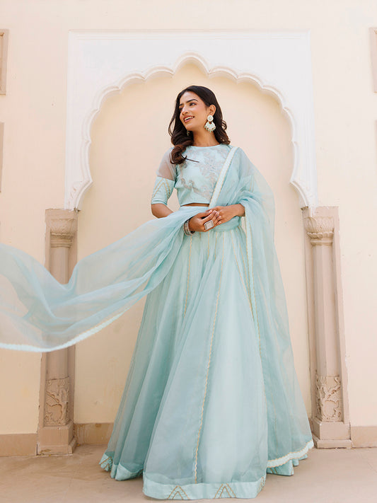 Aqua Blue Bay Organza Lehenga Set