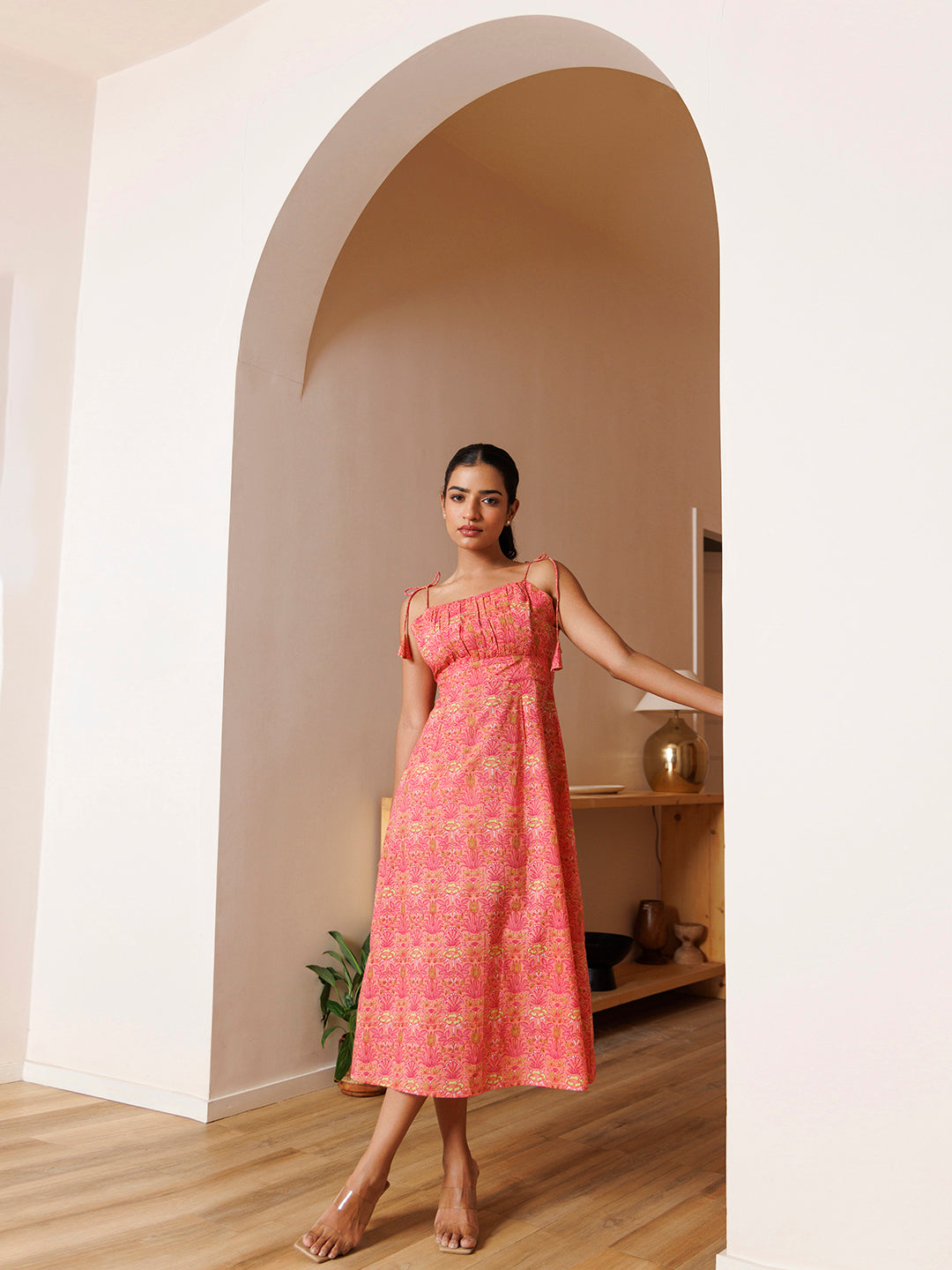 Gerbera Pink Cotton Printed Midi Dress