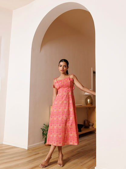 Gerbera Pink Cotton Printed Midi Dress