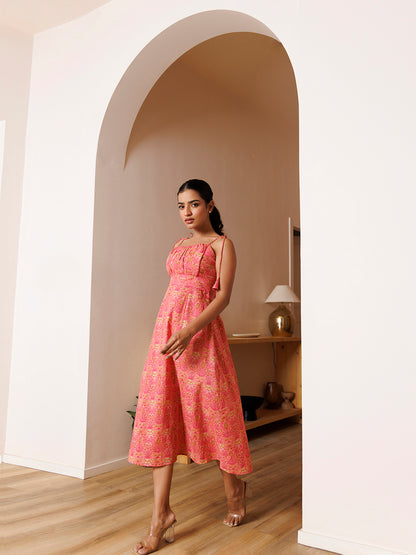 Gerbera Pink Cotton Printed Midi Dress
