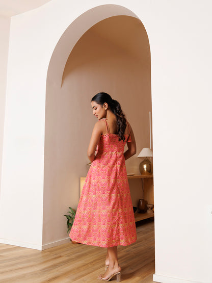 Gerbera Pink Cotton Printed Midi Dress
