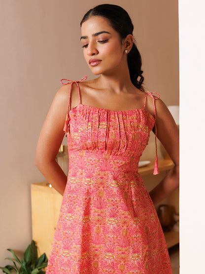 Gerbera Pink Cotton Printed Midi Dress