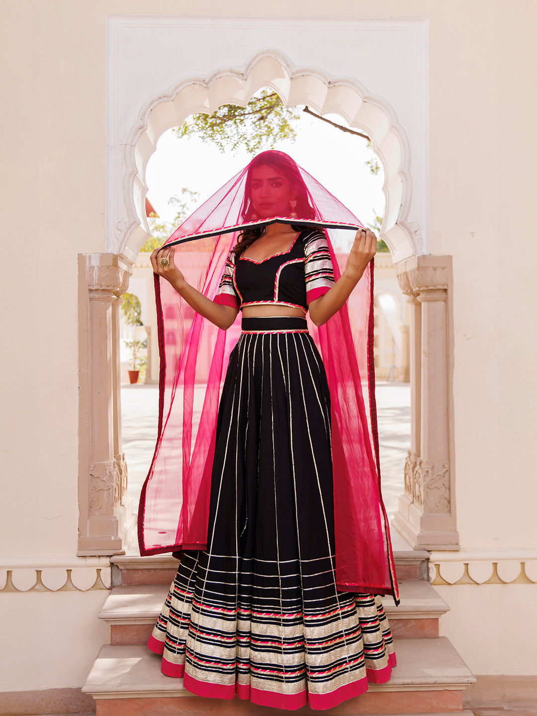 Blackened Pearl and Pink Cotton Lehenga Set