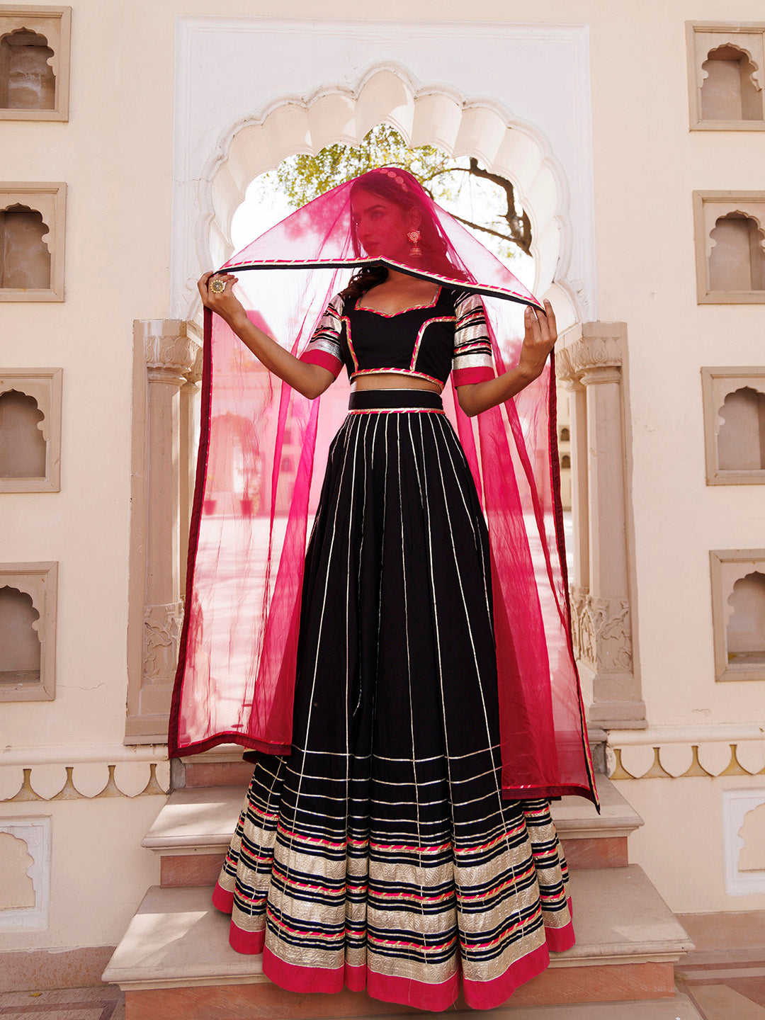 Blackened Pearl and Pink Cotton Lehenga Set