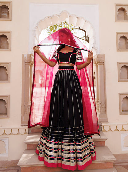 Blackened Pearl and Pink Cotton Lehenga Set
