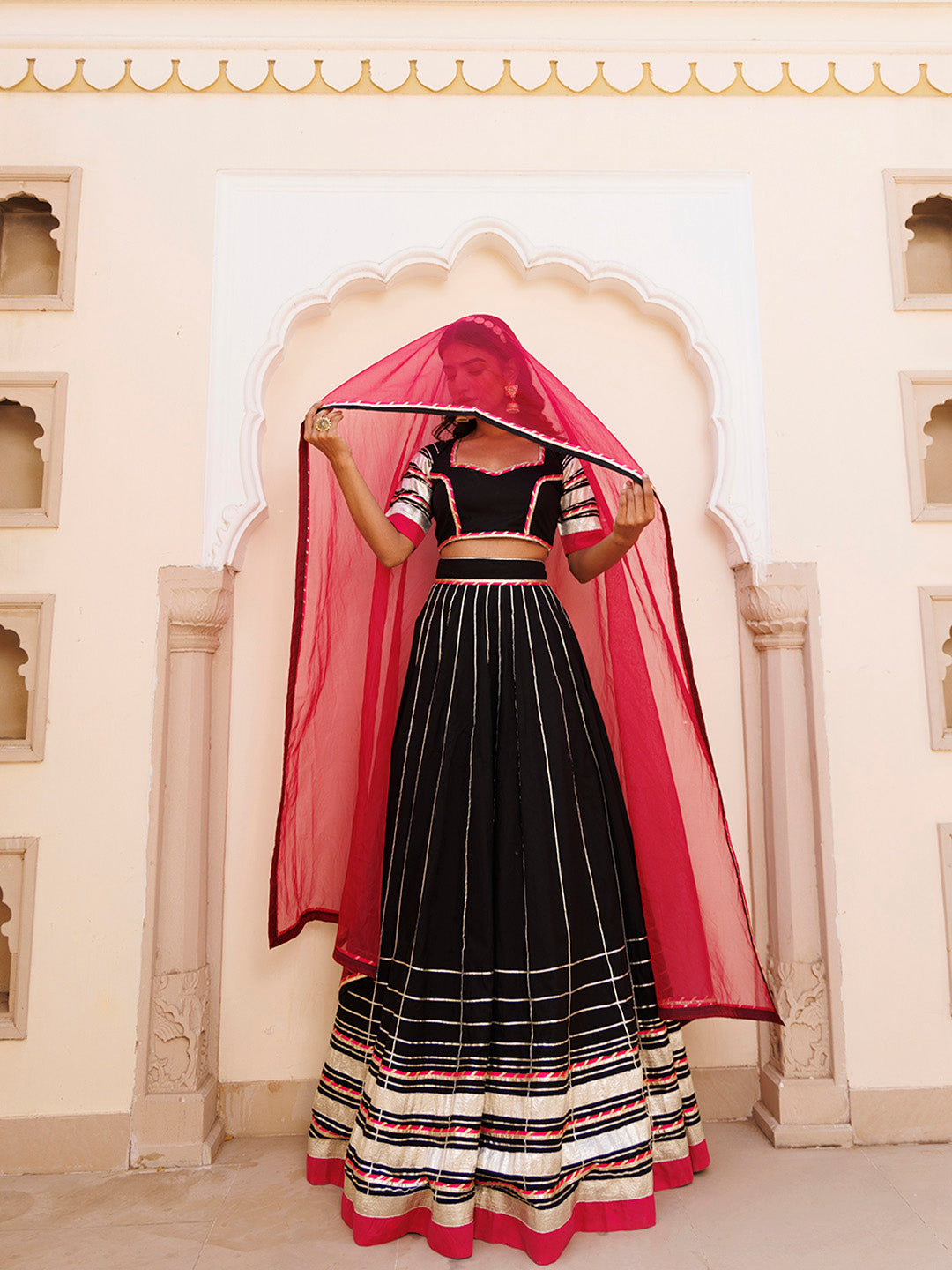 Blackened Pearl and Pink Cotton Lehenga Set