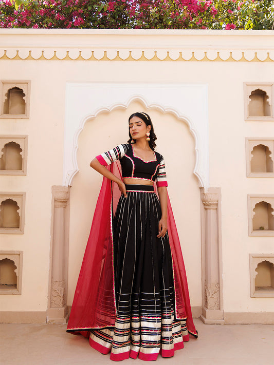Blackened Pearl and Pink Cotton Lehenga Set