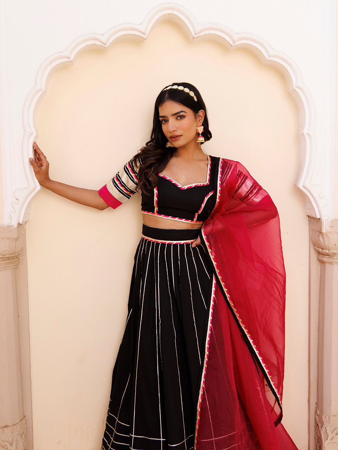 Blackened Pearl and Pink Cotton Lehenga Set