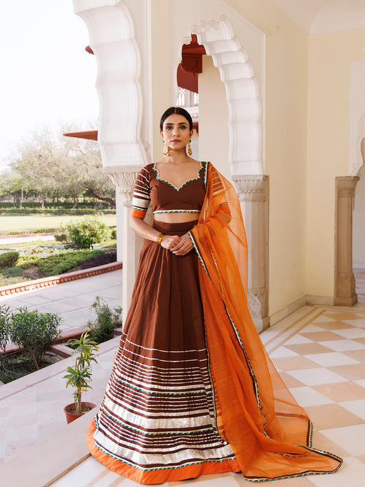 Brunette Brown and Orange Cotton Lehenga Set