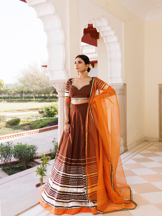 Brunette Brown and Orange Cotton Lehenga Set