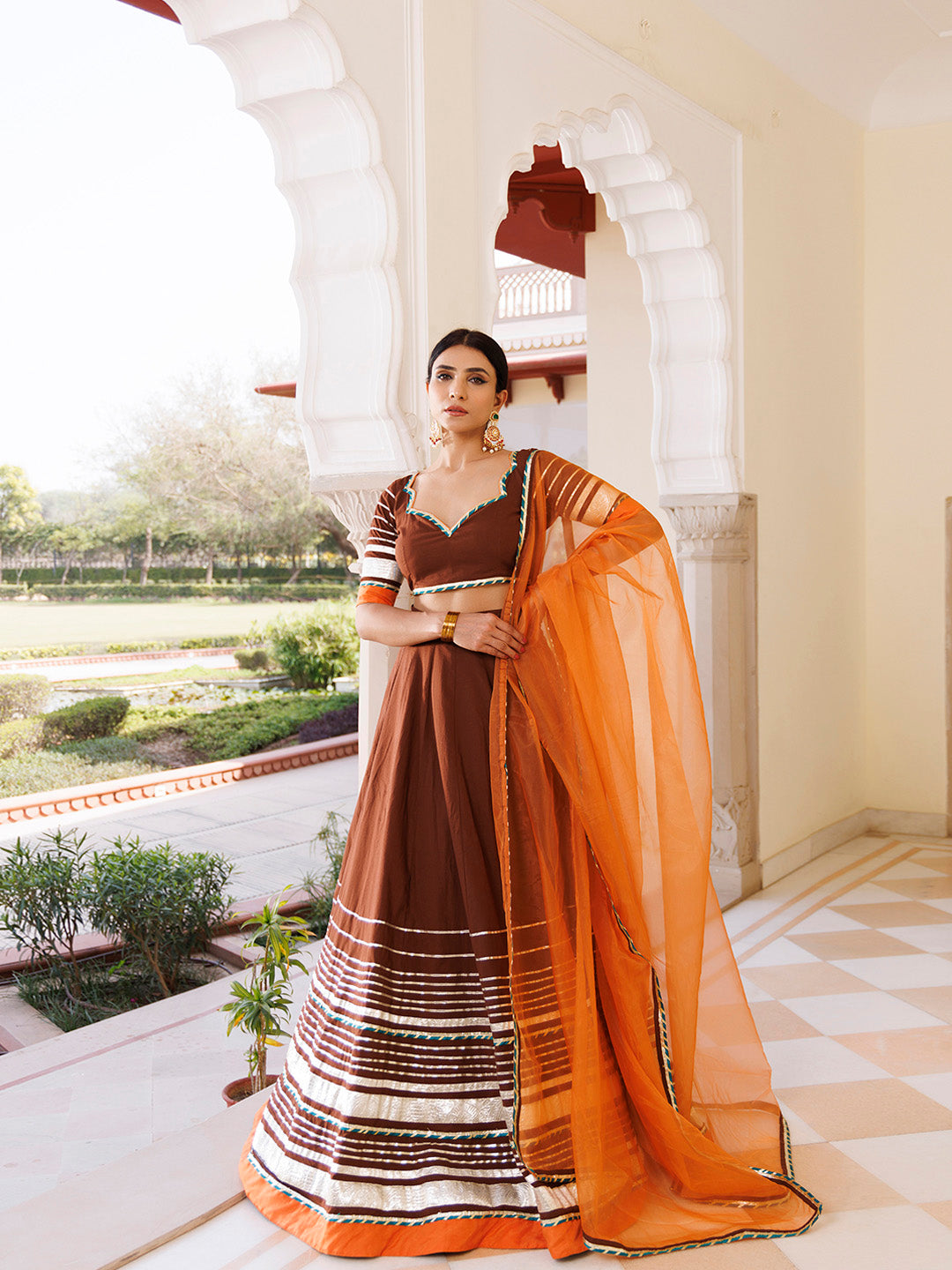 Brunette Brown and Orange Cotton Lehenga Set