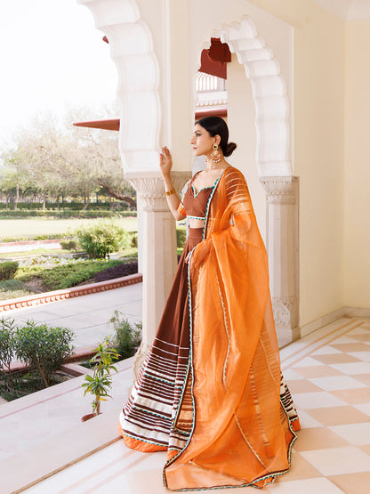 Brunette Brown and Orange Cotton Lehenga Set