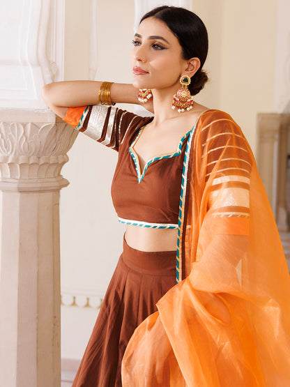 Brunette Brown and Orange Cotton Lehenga Set