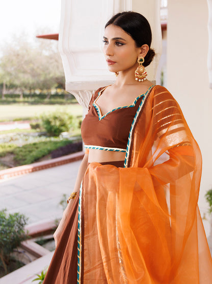 Brunette Brown and Orange Cotton Lehenga Set