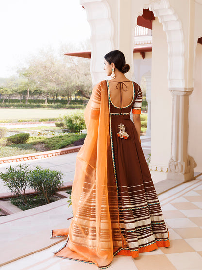 Brunette Brown and Orange Cotton Lehenga Set