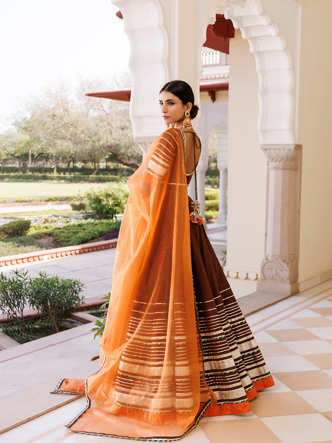 Brunette Brown and Orange Cotton Lehenga Set