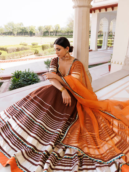 Brunette Brown and Orange Cotton Lehenga Set