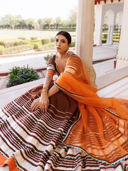 Brunette Brown and Orange Cotton Lehenga Set