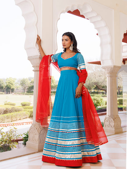 Palace Blue and Red Cotton Lehenga Set