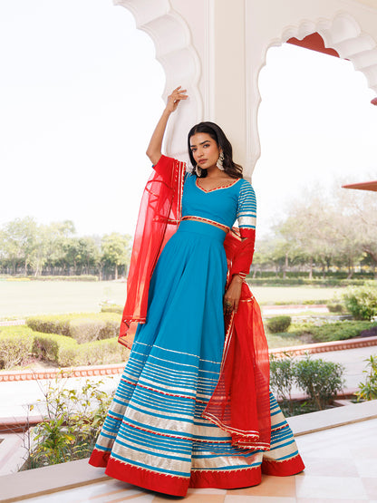 Palace Blue and Red Cotton Lehenga Set