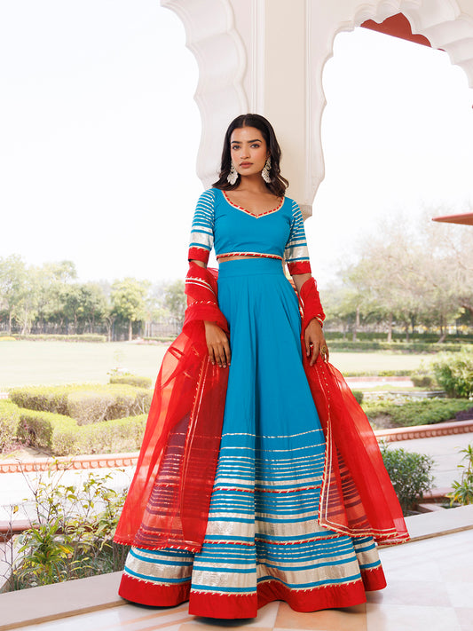 Palace Blue and Red Cotton Lehenga Set