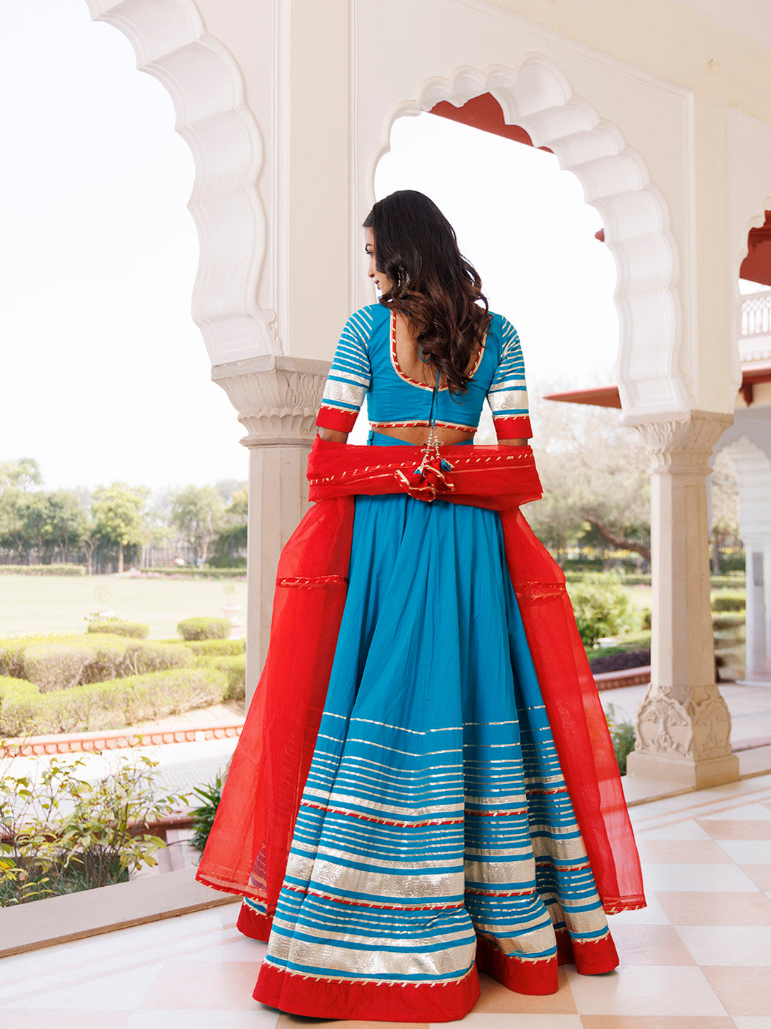 Palace Blue and Red Cotton Lehenga Set
