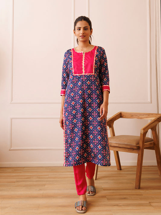 Pink Blue Patola Printed Kurta Set