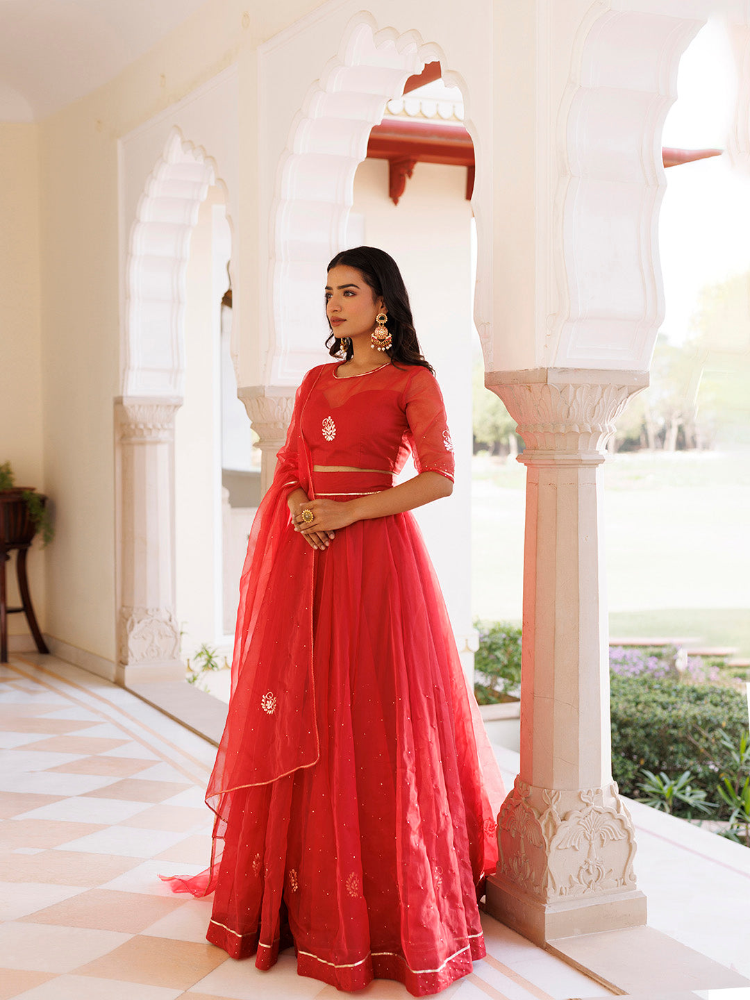 Savvy Red Mukaish Work Lehenga Set