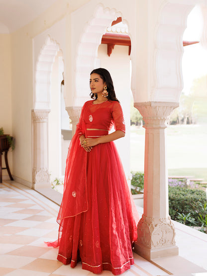 Savvy Red Mukaish Work Lehenga Set