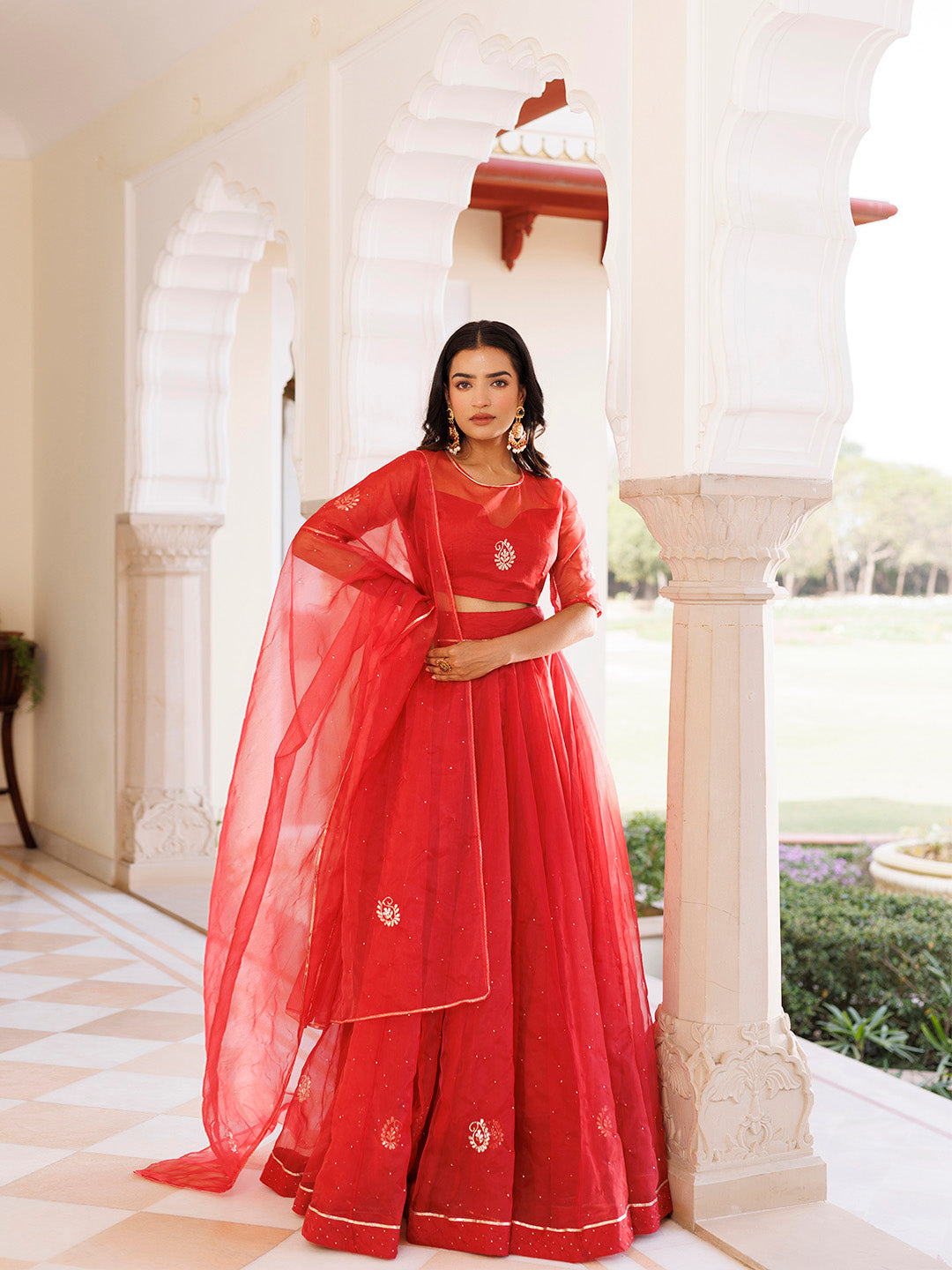 Savvy Red Mukaish Work Lehenga Set